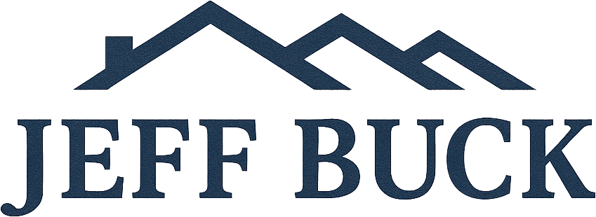 Logo for Jeff Buck, featuring a dark blue text and a stylized roofline representing mountains on a light background.